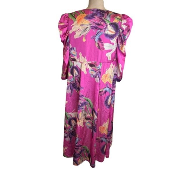 PatBo Grace Satin Floral Puff-Sleeve Midi Dress Pink Womens Size 6 Button Front - Picture 7 of 13